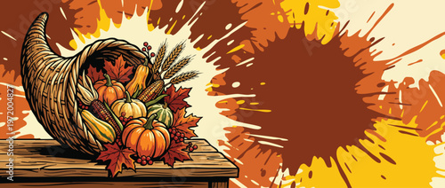 Thanksgiving Cornucopia with Autumn Harvest on Wood Table Seasonal Illustration