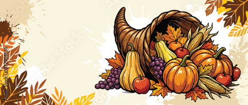 Thanksgiving Harvest Cornucopia Display with Autumn Produce and Leaves Illustration