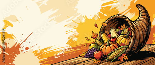 Thanksgiving Harvest Cornucopia Background with Autumn Produce