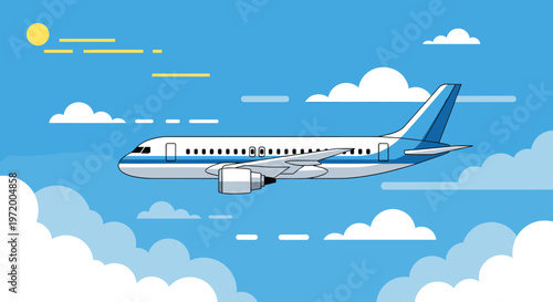 A modern passenger airplane flying through a bright blue sky with fluffy white clouds and a distant sun.