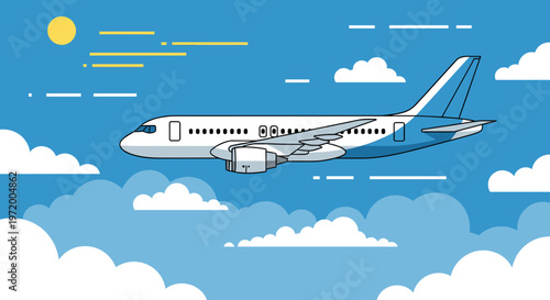 A commercial airplane flying through a bright blue sky with fluffy white clouds and a shining sun.