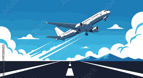 A commercial airplane ascends into a bright blue sky, leaving a trail of white contrails behind it as it lifts off from a runway.