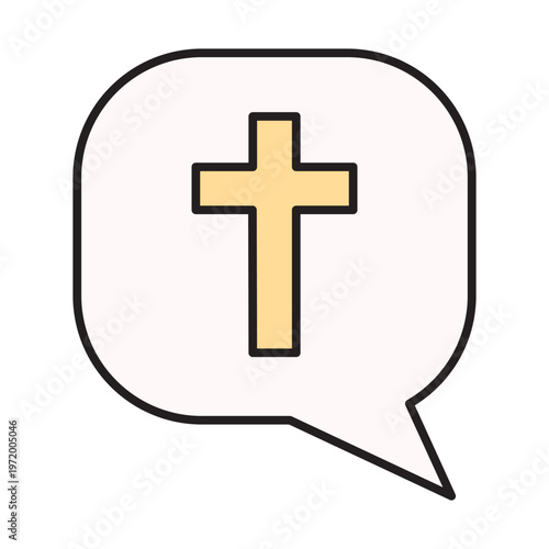 Vector filled line icon of a christian cross in a speech bubble with yellow fill and editable stroke, symbolizing faith talk or easter greeting.