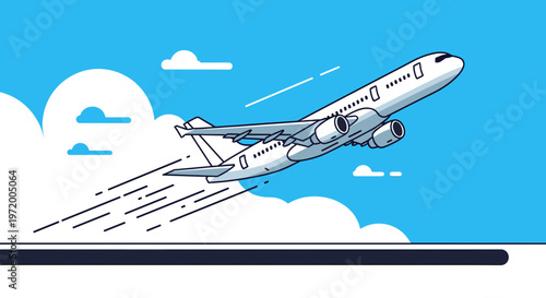 A commercial airplane ascends into a bright blue sky, leaving a trail of white clouds and speed lines behind it.