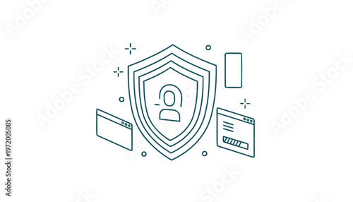 Shield with padlock and icons.