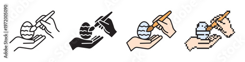 Easter egg painting icon set. Includes linear with editable stroke, color fill, solid, and pixel art styles. Hands with brush and egg. Festive DIY craft, holiday decoration vector symbols.