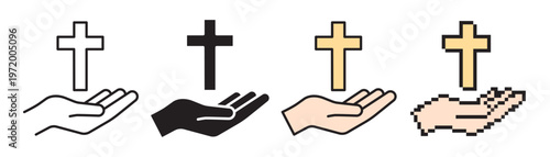 Vector icon set of a hand with a christian cross. Includes linear, solid, color fill and pixel art styles. Concept of faith, blessing and easter. Editable stroke.