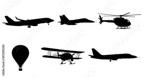 Collection of Silhouettes of Various Aircraft and a Hot Air Balloon Against a White Background.