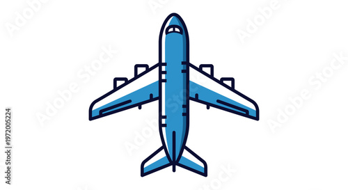 Top-down view of a modern blue and white passenger airplane with four engines, ready for takeoff or landing.