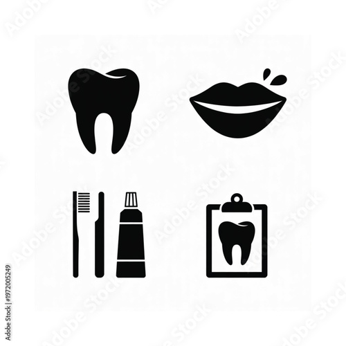 Dental health icons depicting teeth lips and hygiene products