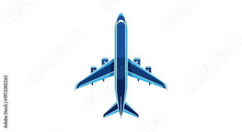 Top-down view of a sleek, modern blue airplane with four engines, wings extended, and tail fins visible against a stark white background.