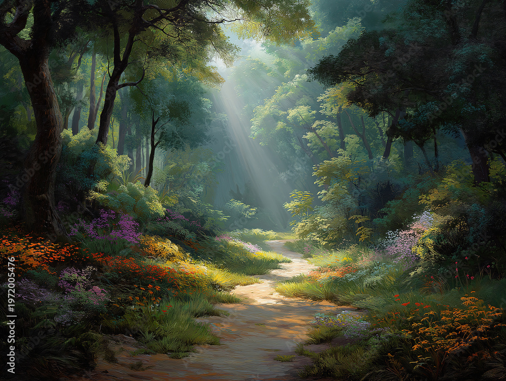 Fototapeta premium Lush green forest with winding path and sunbeams shining