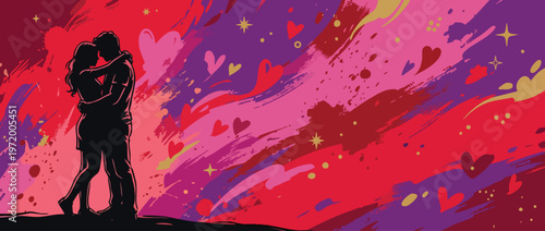 Couple Silhouette Embracing Against a Vibrant Abstract Background with Hearts