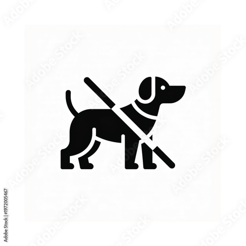 Black silhouette of a guide dog with a harness and walking stick