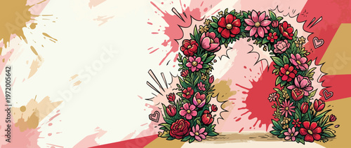 Valentine Floral Arch with Comic Burst Accents and Restrained Romantic Style