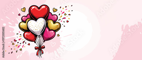 Valentine Heart Balloons Arrangement with Confetti on Pink Background