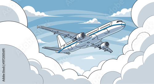 A commercial airplane with blue stripes on its fuselage soars through a cloudy sky.