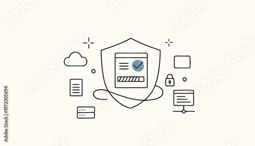 Stylized Digital Security Shield with Checkmark and Surrounding Elements.
