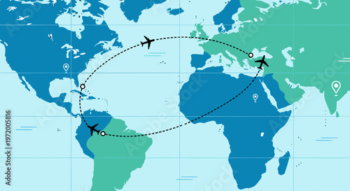 Global air travel routes depicted on a world map with airplanes flying between continents, illustrating international journeys and connections.