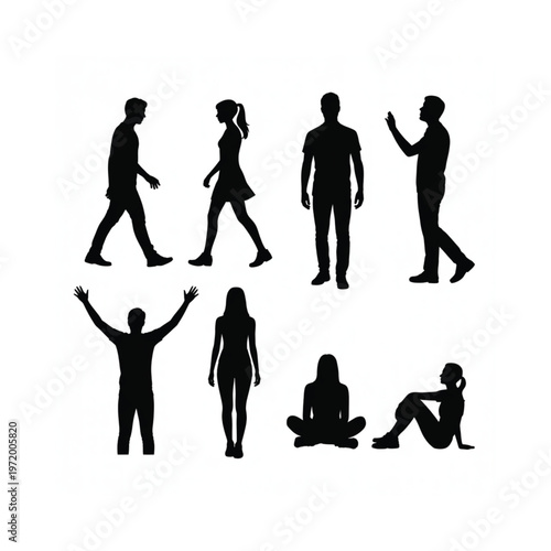 Silhouettes of people in various poses and activities are displayed