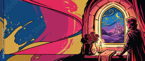 Valentine Inspired Romantic Castle Window Scene with a Man Dreaming of Love