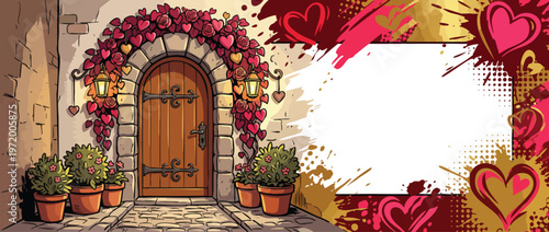 Valentine Love Doorway Adorned with Hearts and Flowers for Romantic Occasions