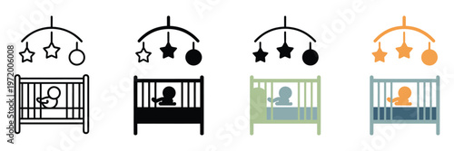 Baby lying down icon near a playpen, mobile toy above, symbolizing infant care, safe play area, nursery safety, newborn protection, child-friendly environment