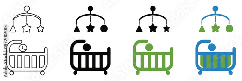 Baby lying down icon near a playpen with mobile toy, representing infant play area, nursery enclosure, child safety, secure environment for newborns