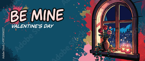 Valentine Love Window Scene with Romantic Candles and Roses