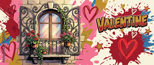 Valentine Street Window Decoration with Hearts and Flowers