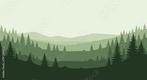Forest landscape silhouette illustration with green hues