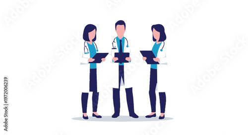 Three medical professionals in white coats holding clipboards, ready to work.