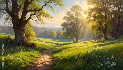 A serene landscape with a dirt path leading through a lush green meadow