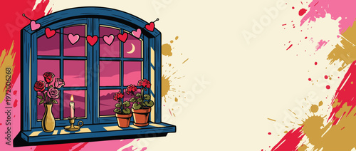 Valentine Window with Hearts Candles and Flowers at Night