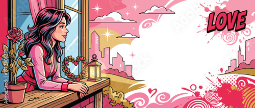 Valentine Woman at Window with Rose and Hearts Looking Out City