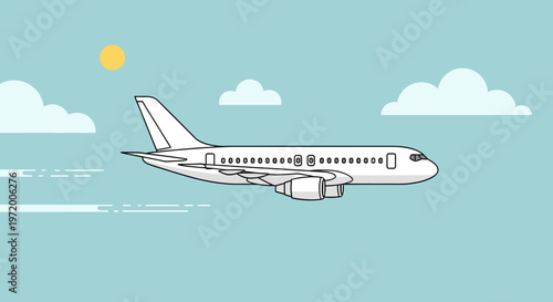 A clean, white passenger airplane soars through a bright blue sky with fluffy white clouds and a yellow sun.