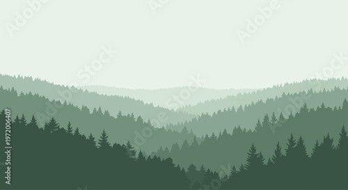 Hills covered with evergreen trees and fog in a minimalist illustration