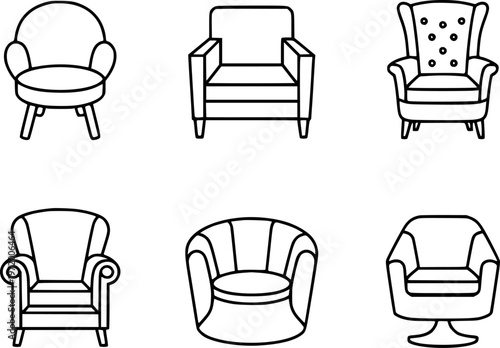 Collection of Black Outline Armchairs and Accent Chairs White Background furniture