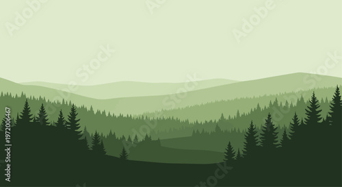 Panoramic forest landscape illustration with layered hills and evergreen trees