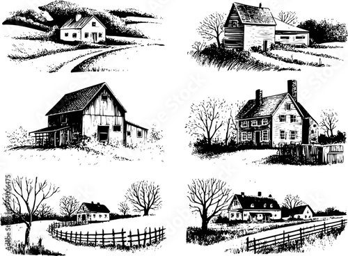 Collection of vintage black and white farmhouses and barns in rural landscapes