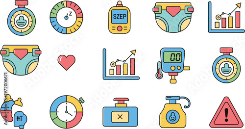 Baby Care Monitoring Flat Icons Set with Diaper Health Tracker Thermometer and Growth Analytics