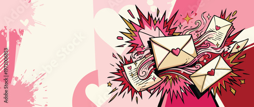 Valentines Day Love Letters with Comic Burst Accents and Romantic Illustration