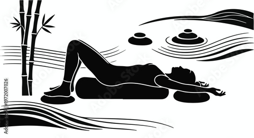 Serene silhouette of a person in a restorative yoga pose with bamboo and stacked stones