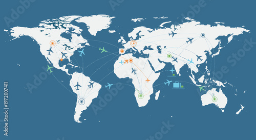 Global flight routes and air travel network depicted on a world map with airplane icons connecting major cities and regions.