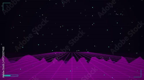 Retro 8 bit pixel art intro screen, press start text over a neon grid landscape and starry night sky, synthwave aesthetic