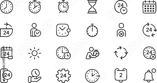 Time management icon set with clock calendar and schedule symbols outline style