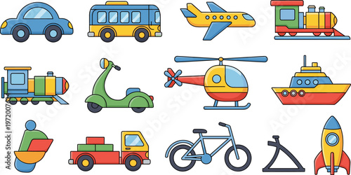 Transport Vehicles Flat Icons Set with Car Bus Airplane Train Bicycle and Travel Elements