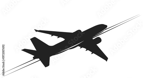 Silhouette of a modern passenger airplane in flight, leaving contrails against a white background.