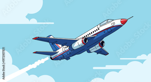 A sleek, blue and white jet airplane with red accents ascends into a bright blue sky with scattered clouds, leaving a white contrail behind it.