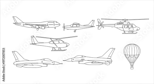A collection of detailed line drawings showcasing various aircraft, including airplanes, helicopters, fighter jets, and a hot air balloon.